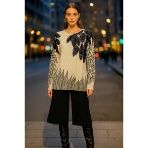 VTG Suzelle 80's Lambswool Angora Rabbit Sweater S Cream Black Feather Embellish